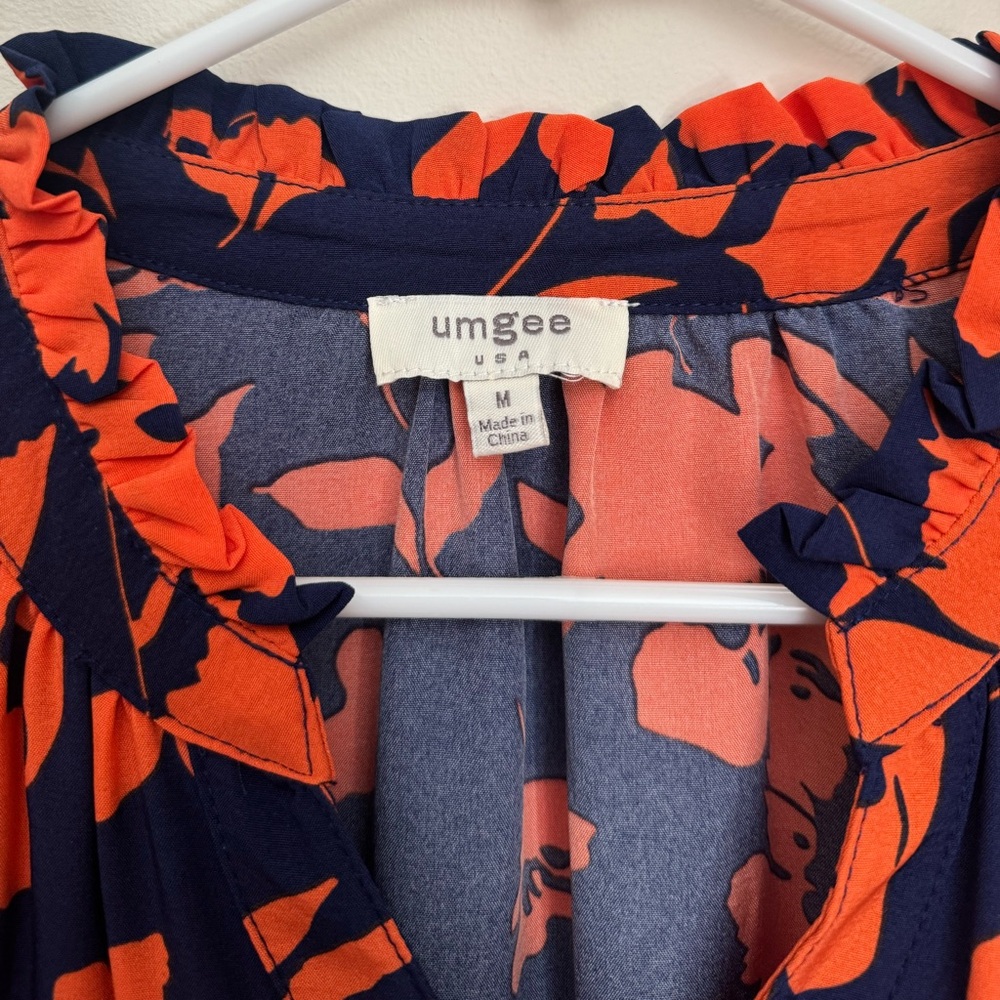 Umgee Floral Tiered Babydoll Dress Navy Orange Boho Long Sleeve Size Medium - Picture 4 of 5